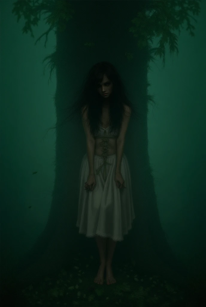 a teenage girl hanging from tree by neck, horrific atmosphere, sadness, torn clothing, realistic, photorealistic, extremely detailed, hyper detailed, highly detailed, vibrant colors, dramatic lighting, chiaroscuro, cinematic, moody, gritty, dark, gothic, somber, melancholic, emotional, haunting, unsettling, disturbing, tragic, poignant, best quality, 8k, highres, masterpiece