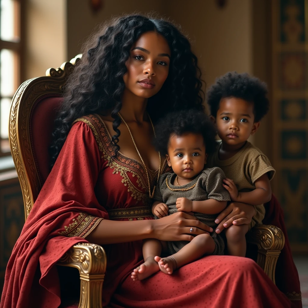 dark skin woman, with orange eyes, green and blue ancient era dress, with long wavy black hair, short black gloves on hands, a red ring on her finger, lips a little wide, golden hoops in her ears, with two babies with brown hair and green eyes