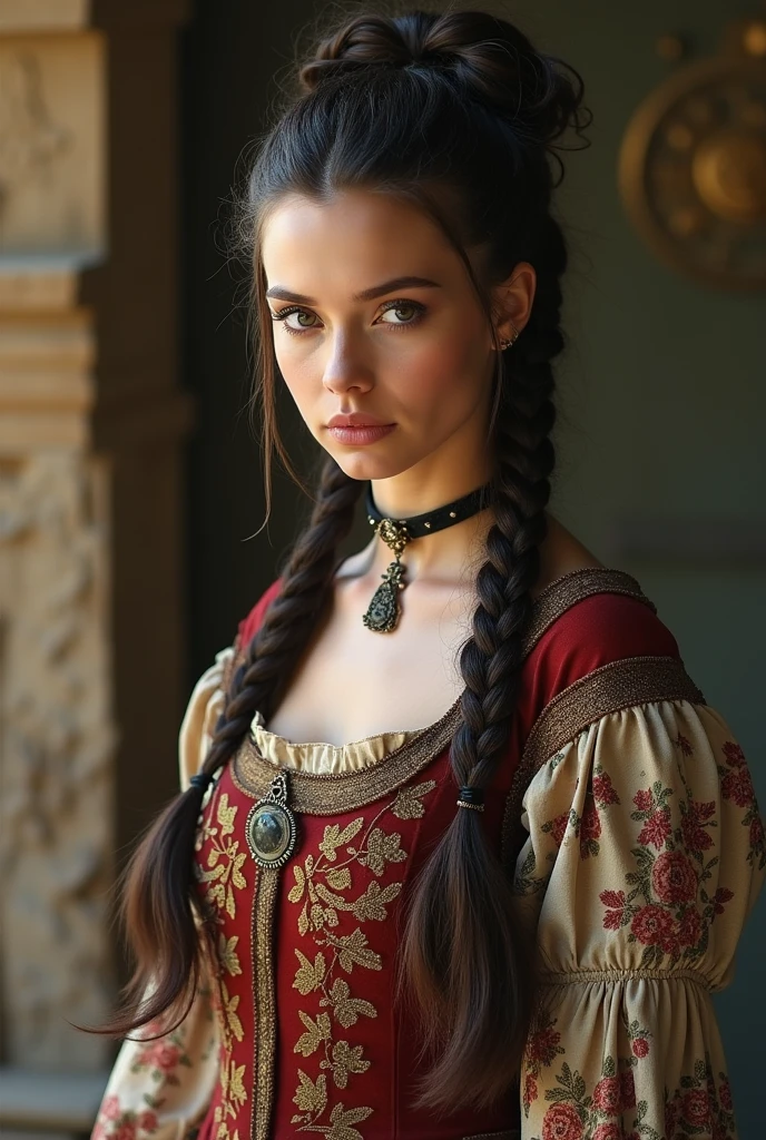 a 25 year old girl, curled hair, long, black obsidian braids tied into a medieval braid, greeneyes, fair skin and diamond-shaped face, full, pink lips wearing a medieval black leather outfit with arrogant posture