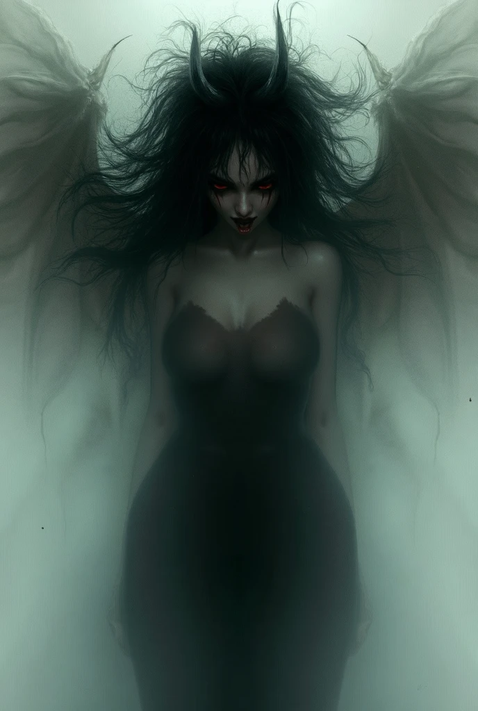 bs, solo, simple background, monochrome, upper body, greyscale, bodysuit, black background, 1other, monster, arms at sides, horror (theme) there is a large-breasted woman in the picture with her arms torn off and her face bleeding, ravens flying in the background, stocking, hot lingerie, big boobies, red paint splatted on it