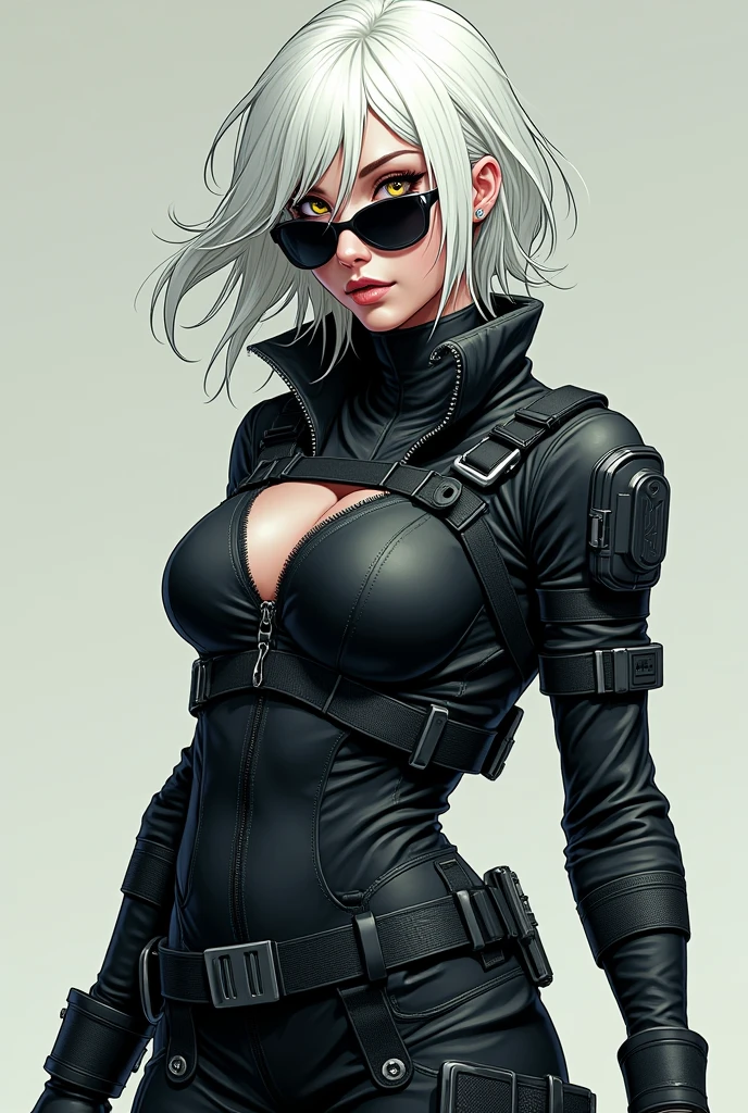 women with pale skin, Medium hair, White hair, hair over the shoulder, shag hairstyle, yellow eyes, smile, open mouth, Fangs, slit pupils, side-shields sunglasses, breasts, vibranium claws, tactical clothing(body covered with hostlers), Very detailed, high quality, simple background, looking at the viewer, showing her vibranium claws, anatomically correct, High resolution, character design, full body, comic style art