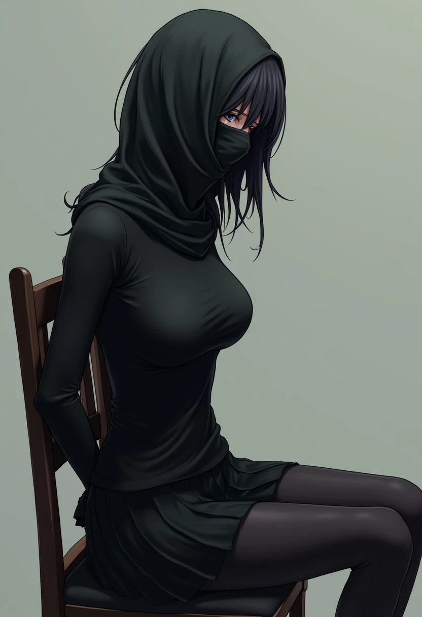 utmost+meticuloso_the face,utmost+Beautiful+meticuloso_The eye,The upper part of the body,closeup cleavage,cyberpunk backgrouns,sketching,solidcolor,A woman in a black shirt and black dress,Minimalist style,Wear elegant casual clothing,Boots,Milk and black style,Black eyes,Modern and stylish dress,casual modern clothing,inspo , Anime,Blackn clothes, a black skirt, Neutral tones, Black and white color scheme, leisure wear,Skinny figure,Scary face, 22 year old, Long hair, ((Black hair))