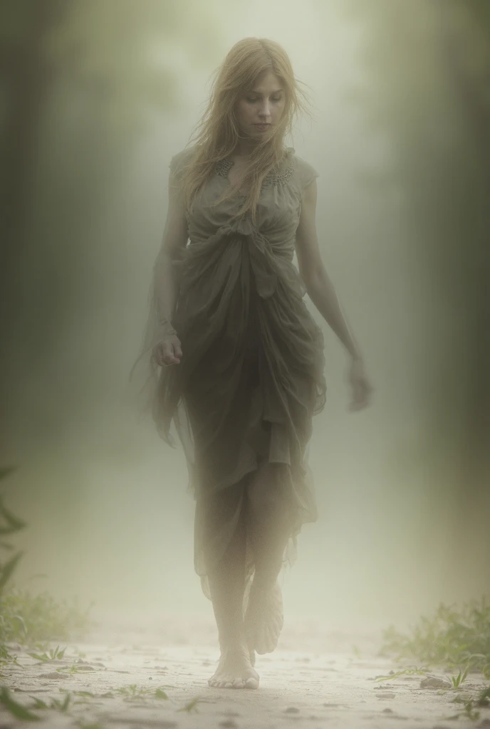 arafed woman in a white dress walking through a forest, in a foggy forest, in foggy forest, in a deep forest, woman in a dark forest, cinematic goddess body shot, in forest, goddess of the forest, on a misty forest, in the deep forest, dryad in the forest, in the forest, cinematic goddess shot, ethereal beauty