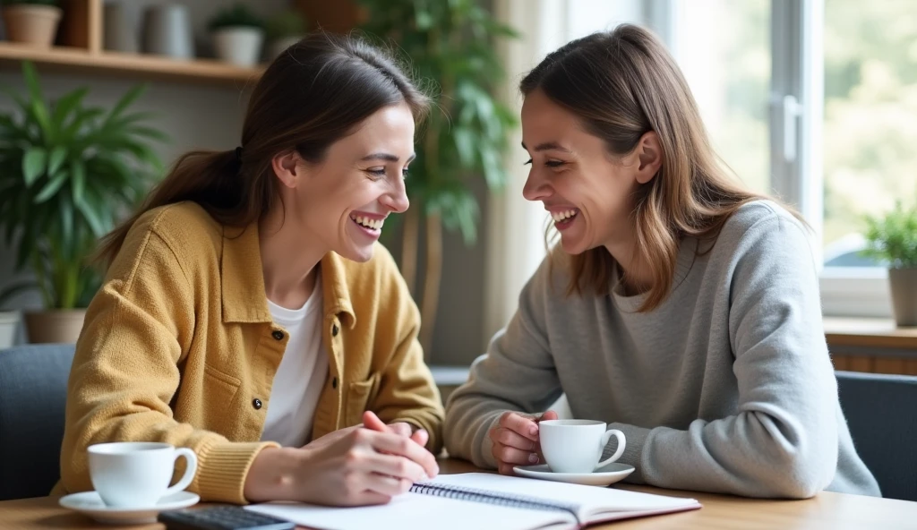 Family harmony and budget: A young couple sits at a table discussing the family budget. There's a notebook, a calculator, and cups of coffee on the table. There are friendly smiles on their faces, and warmth and cooperation in the atmosphere.
