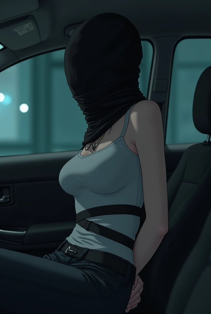 Male arab modern terrorist, terrorist, black balaclava, black bandage, white eyes, black clothes, thin waist, femboy, light skin, makeup, black eyeliner, big eyelashes, black eyeshadow, choker, inside the car, desert, night, rain, hetero duo, 1girl, brown long hair girl, girl without a mask, makeup, penis, penis in her pussy, sex