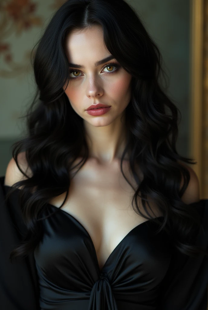 Hair: Long, wavy, and jet-black, with a healthy sheen. Eyes: Green and piercing, conveying both strength and mystery., Skin: Fair and flawless, with a subtle natural glow., Eyebrows: Well-defined and arched, emphasizing her intense gaze., Lips: Full, usually accentuated with dark red or nude lipstick., Height: Tall and slender, with an elegant and confident posture. Torso: The torso features naturally shaped and proportionate breasts, following the gentle curve of her ribcage, which enhances the harmony of her slender and balanced form. Hips: Her hips are elegantly curved, offering a harmonious balance between her narrow waist and upper body, naturally enhancing her femininity., Waist: The slim and well-defined waist forms a central point in her silhouette, creating a fluid line that complements her natural curves, maintaining a classic hourglass proportion.