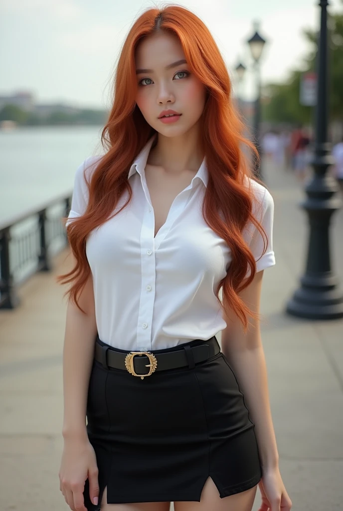 Beautiful realistic Saudi Arabian girl with beautiful detailed and toned body with red hair wearing dress shirt short skirt and stockings and smiling sexy
