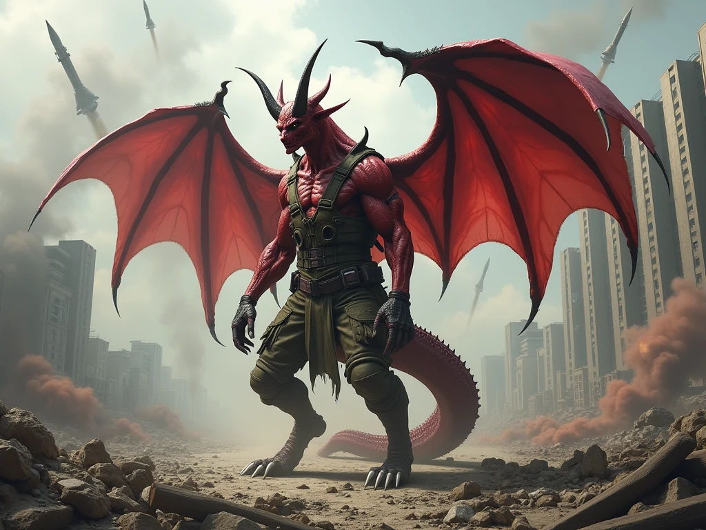Wood Dragon Man,brown,horn,scales,strong,violent,red,Destruction detailed character details