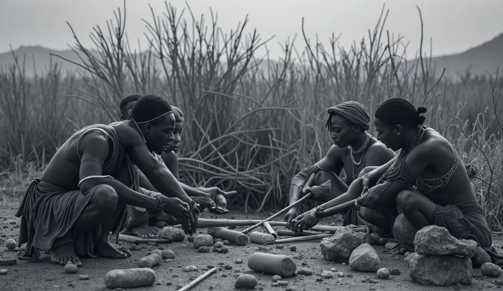 African picture of youths on the farm using primitive tools on maize farm