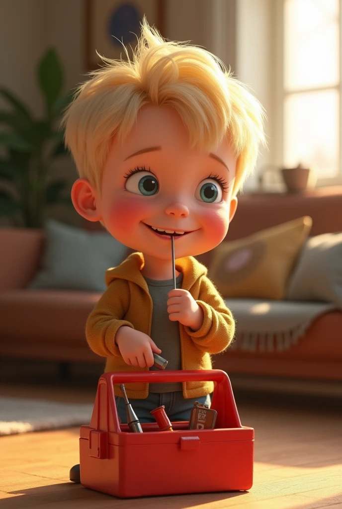 Male child character with red coat and white shirt with short blond almost brown hair, light eyes slightly crooked teeth holding a cell phone
