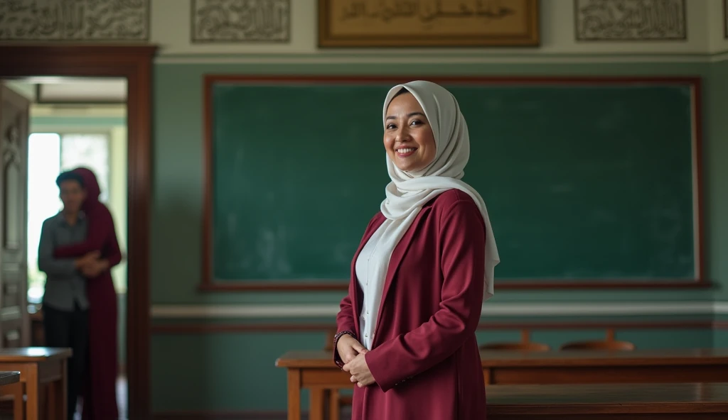 A female teacher in hijab with very big and bare breasts