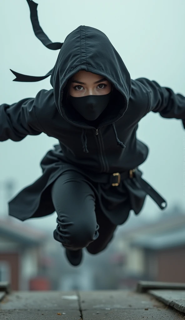 Woman dressed as a ninja doing a fighting salute 
