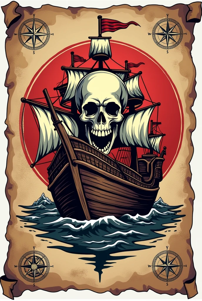 Design a logo of a Viking drakkar with a black sail. The sail features a skull with a bandana in the center, inspired by a pirate theme. The Viking shields are alternating between black and yellow. The overall style of the logo should be similar to The Pirate Bay logo, using bold, clean lines to convey a strong, rebellious maritime aesthetic