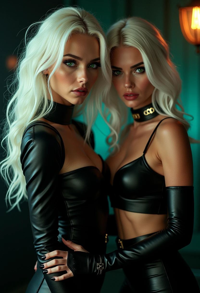 two elf girls, only girls, super fine photo, portrait Unreal Engine 5 8K UHD, two elf girls, beautiful girls, elf, long white hair, tight black latex catsuit, With a zipper, in a skin tight black latex outfit, slick black catsuit, black iconic character, smooth black skin, black body, PVC, some black, glossy latex suit, rubber suit, collar, rubber glove, rubber high boots, arm and leg cuffs, straps, best quality, masterpiece, official art, unified 8k wallpaper, super detailed, sharp focus, hugging, erotically sitting on a leather sofa, dynamic pose, body parts, no extra limbs, precisely anatomy, looking at camera