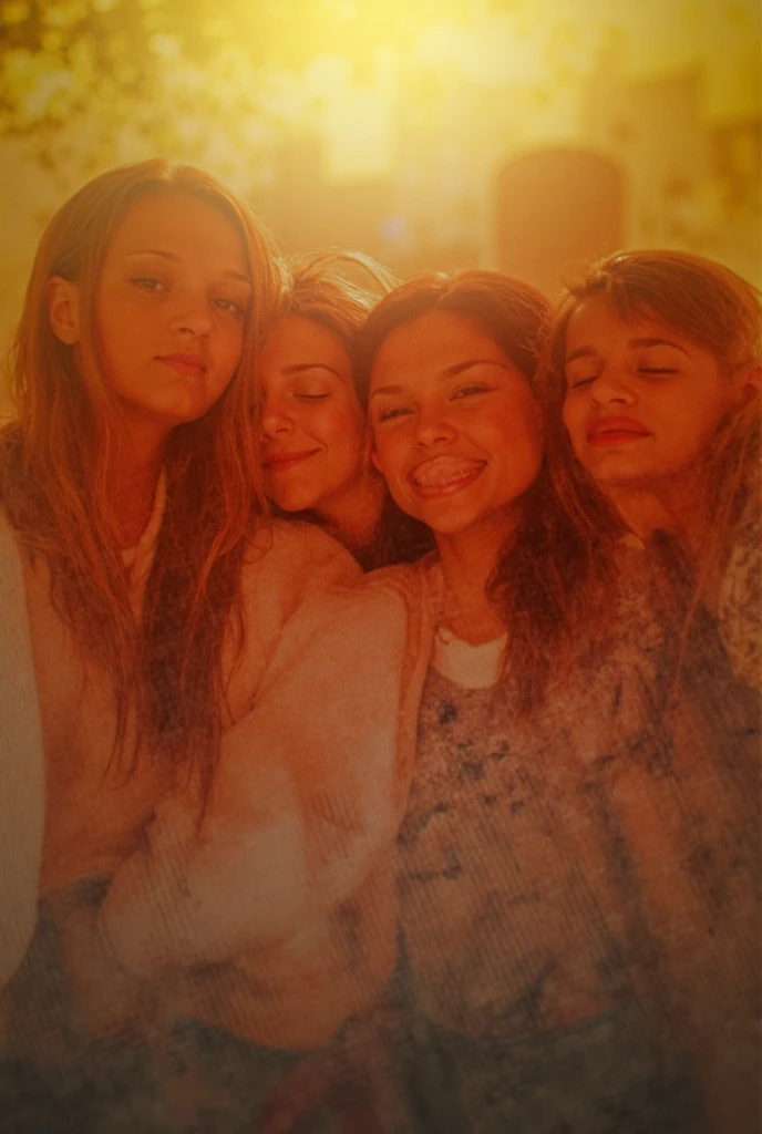 There are three women who are hugging in a photo, foto dos anos 80, tiradas no final dos anos 1980, taken in the early 1990s, fechar 1 9 9 0, Foto anos 80, Foto tirada em 1989, tomada em 1 9 9 7, Foto colorida dos anos 90, Three women