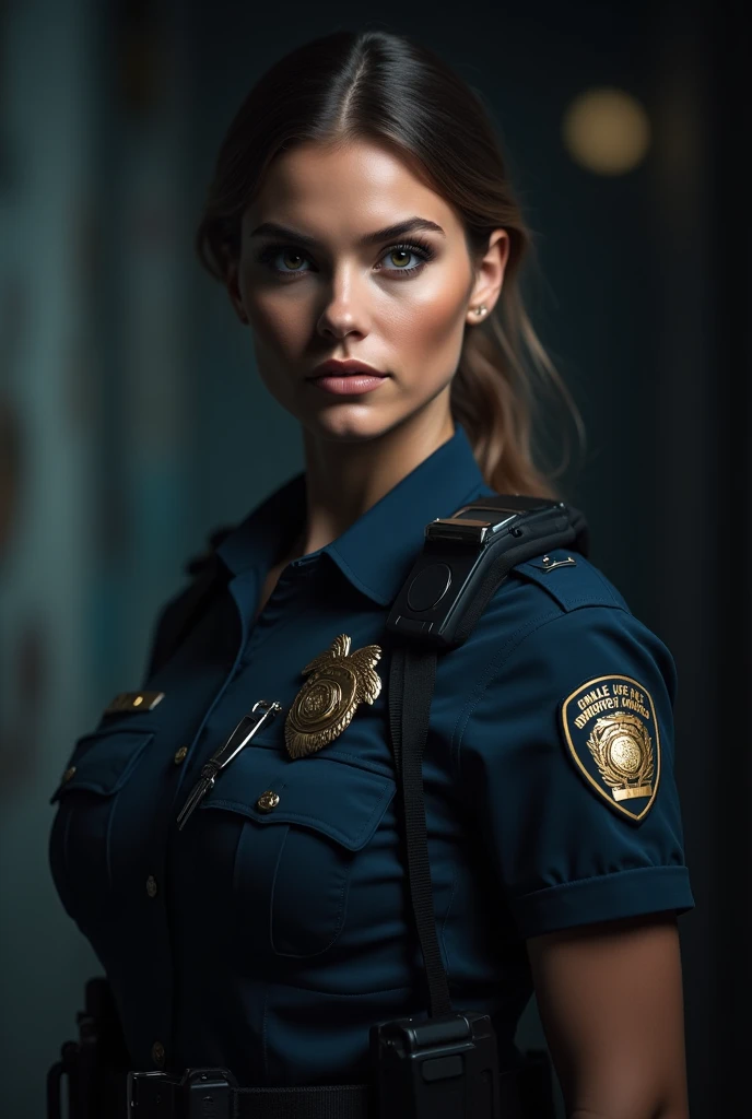 masterpiece,best quality,(realistic, photo-realistic:1.4),(extremely detailed),
1 girl,young,medium hair,very cute,detailed skin,bangs,(full body:1.1),medium breasts,between breasts,
((police_uniform:1.3)),
(prison:1.2),