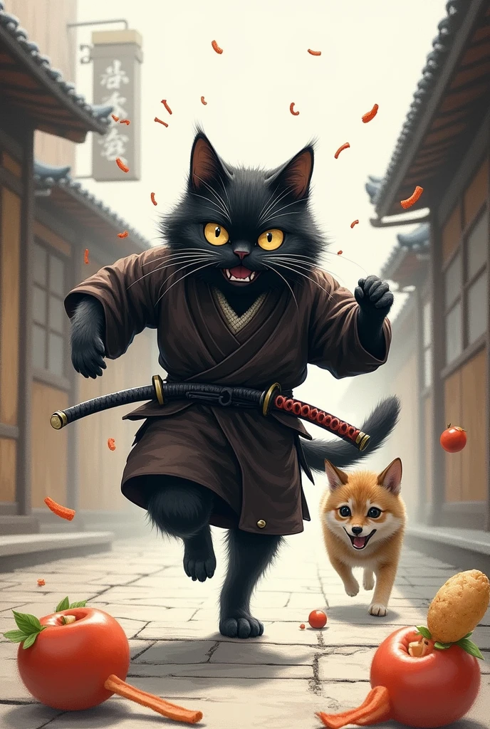  bipedal black cat running away after being chased by a dog,  Simple dressing、  Japanese Samurai、    and his eyes are wide open、Anxious face 、  with a sword around her waist 、 picture drawn with charcoal  、  Photorealistic 、Anime food 、