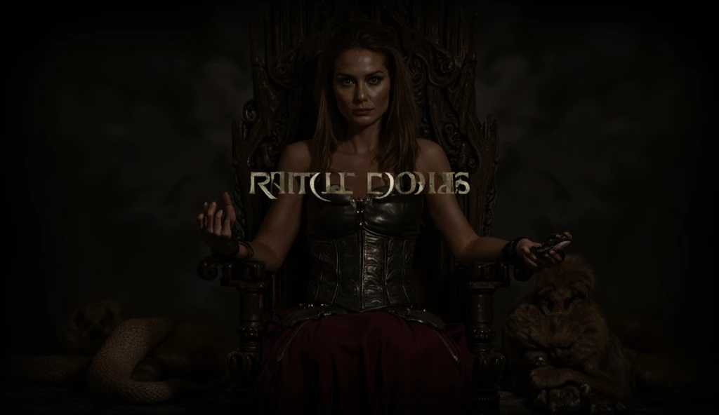 A captivating and high-quality 3D render of a dark fantasy scene featuring a beautiful woman with long, dark hair and piercing eyes. She sits majestically on a twisted, dark wood throne, intricately carved and adorned with a sinister skull atop the backrest. The font, Niagara Engraved, is elegantly written in silver metallic, spelling out the name "MORTHISHA." The dimly lit gothic room, with its stained glass windows, casts an eerie glow, while the chilling atmosphere and sinister aura draw the viewer into this mesmerizing, cinematic world. This 3D render is perfect for a poster or a movie still, showcasing the cinematic quality of the image.