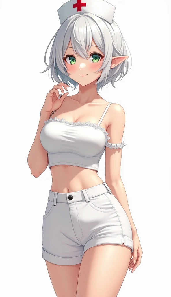 ((((masterpiece, best quality, high resolution)))), (1girl:1.5), ((short hair, white hair, red eyes, sharp eyes)), (average breasts:1.2), blush, (cheeky smile, parted lips), glow, thighs, bare shoulders, collarbone, narrow waist, (slender body figure), (beautiful detailed face, beautiful detailed eyes), ((white loose crop top, see through material, jeans shorts)), (standing up), looking at viewer, (cowboy shot)