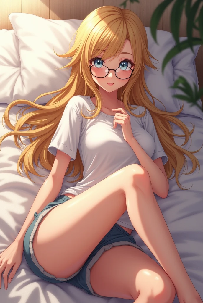 a blonde girl, blue eyes in your room, with glasses