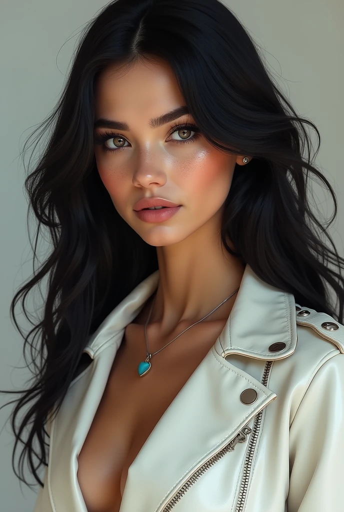masterpiece, best quality, extremely detailed, hyperrealistic:1.1, photorealistic, a beautiful 20s russian model, ultra detailed face:1.1, black hair, black leather jacket, river, city, half smile, putting index finger on own mouth