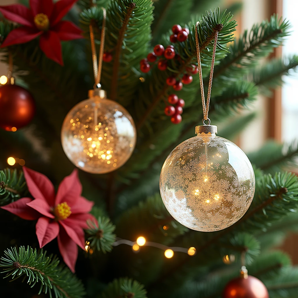 New Year'crystal ball, hanging on a pine branch, blurry sparkles and tinsel in the background.