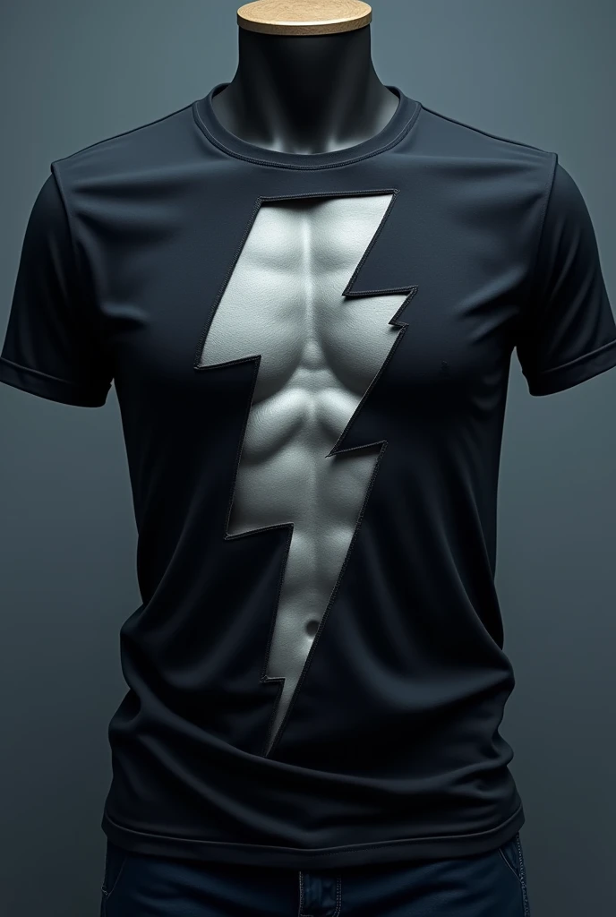 generate a full body shot of a man wearing a black tshirt.  the tshirt should have big yellow thunder bolts as a design. 
