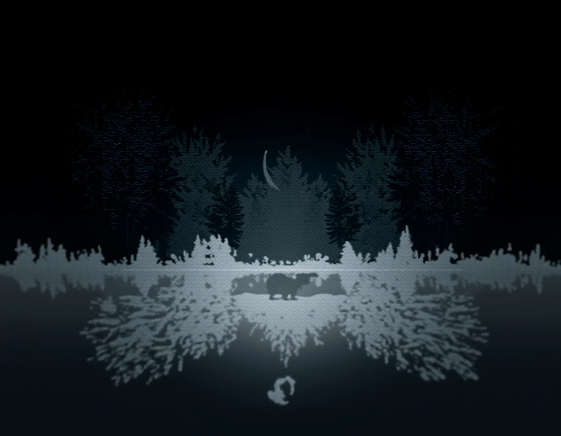 A calm and simple black and white design featuring a forest scene. The illustration shows the silhouette of tall evergreen trees forming a dense forest background with a moon above. In the foreground, the silhouette of a bear walks across a flat surface, most likely a river bank or snowy terrain. Below the scene, a mirror-like reflection of the trees and the bear is depicted, creating a calm and harmonious effect. The design is rendered entirely in white on a black background, which emphasizes the contrast and gives it a cool, calm and natural look.