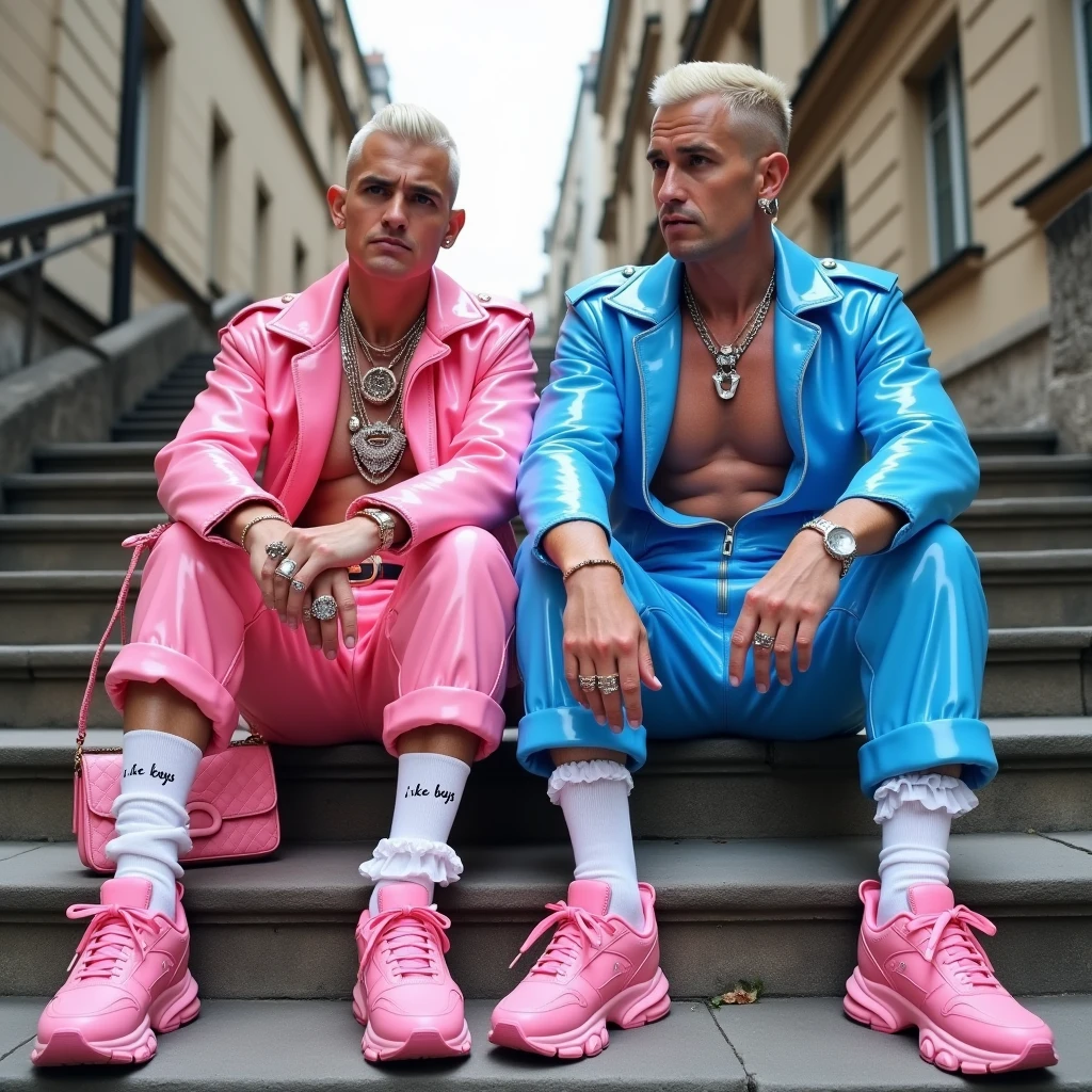 full view full body, one white european very wrinkled old wealthy man with hyper styled short undercut platinum gold blonde haircut, muscular, artificially tanned, wearing pink and blue latex jumpsuit that says “I like boys”, Balenciaga triple s pink chunky sneakers, white latex socks, Jacquemus fashion tiny bag, dozens of hype fashion jewelery and rings, necklaces, bracelets, waiting, sprawled on stairs front very preppy style College exit, watching luxurious smartphone 