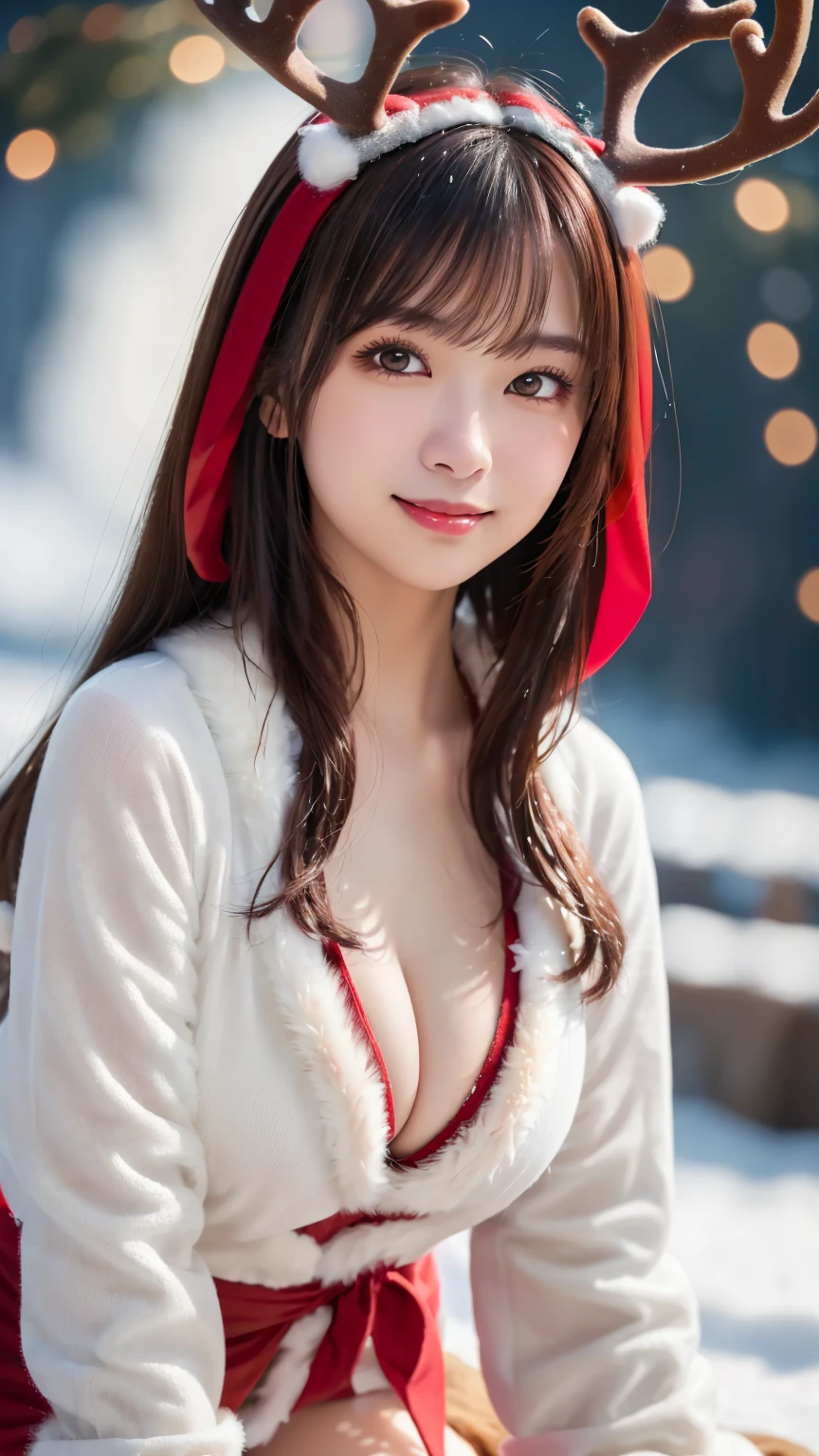 ( warm fur long sleeve reindeer costume : 1.5), (snow & Winter Background : 1.5), (Reindeer antlers : 1.2), ( on all fours : 1.3), young and adorable Japanese face, Official Art, high definition CG Unity 8k wallpaper,Ultra high definition ,Very detailed, half photos with Brazil, high definition , Kodak Portrait 400, film grain , lens flare glow, best quality,8k, as a portrait shot,8k, Show viewer, (( best quality)), ( super detailed), smile, (( sexy)), (( Very detailedな)), (detailed clothing features), (beautiful), Illustration, beautiful Japanese woman, ((1 female)), (Bold Cleavage : 1.3)