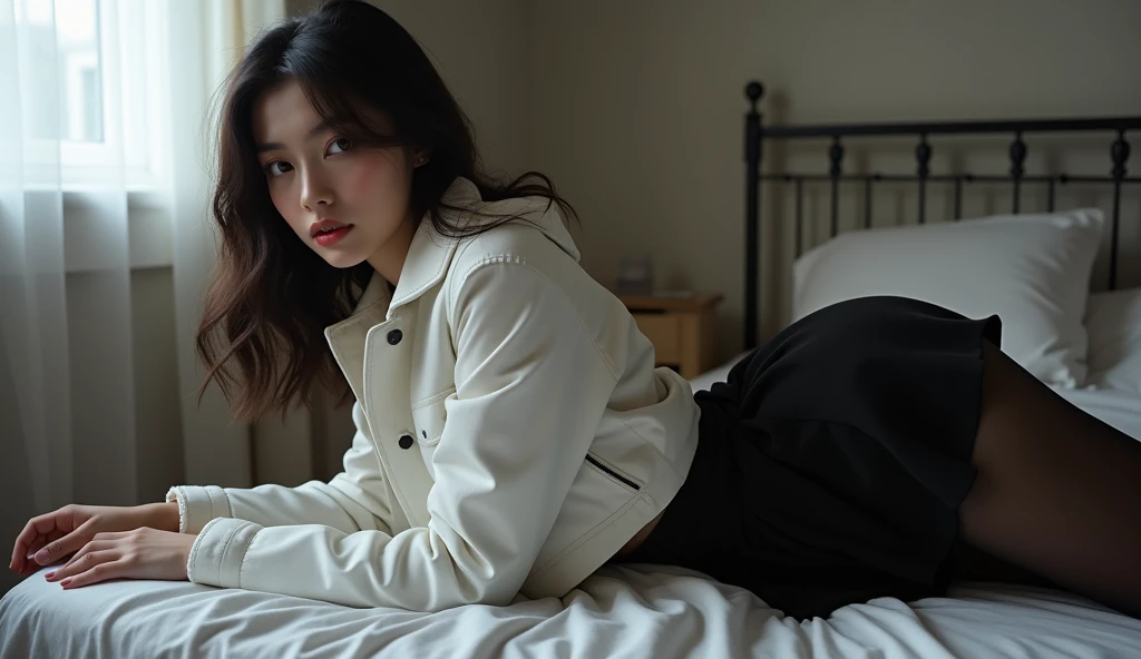 An exceptionally beautiful woman is crying in her bedroom, cross legged in her bed. She has a picture of her Kpop Idol in her hand