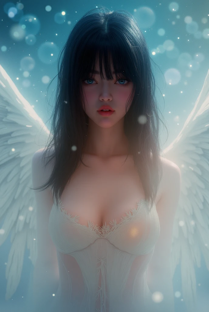 TeEn girl, evil, teenager(1.3),18 years old, teen girl, black hair and blue eyes, detailed face, () angelical face, , small , , (), background in snow in prussia