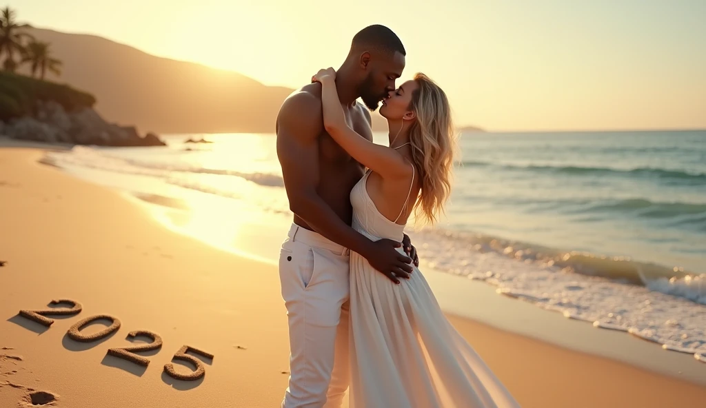 A black man in a suit hugs a white-skinned thin gay with brown hair in transparent erotic clothes at a beach wedding ceremony, full-face