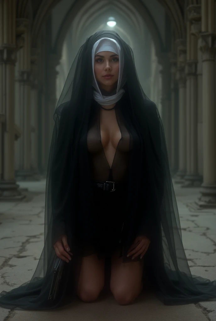 Scarlett Johansson in long nude cloak, hood, black cloak, rain