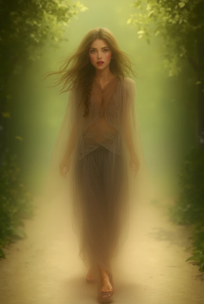 A Star Wars’s Jedi Grandmaster(Kate Mara, robes open down the middle, no underwear) in the style of Mark Demsteader, lush flower forest