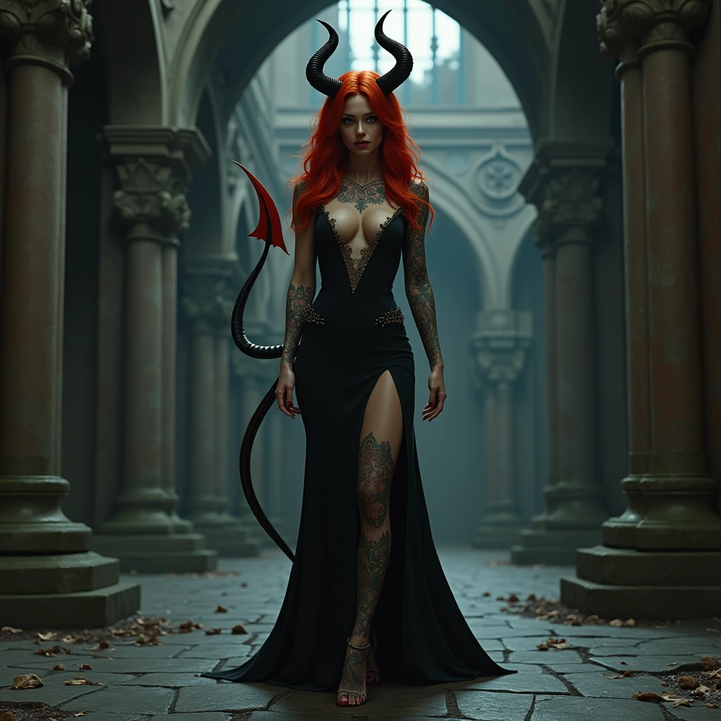 (medium full shot) of (desirable demon with bone horns etched with tribal markings) young woman, petite build, extra long red Disconnected Undercut hair, american, light skin, glowing yellow eyes, wearing Dark fairy-inspired black dress with tattered hem, sheer stockings, pointed boots, leathery and formidable Bat-like wings, set in Forgotten Mausoleum, Shadowy interior with cracked stained glass windows, cobweb-covered statues lining the walls, flickering candlelight casting eerie shadows, a musty smell of decay lingering in the air , woman smiling, detailed face, ,Masterpiece,best quality, raw photo, realistic, very aesthetic