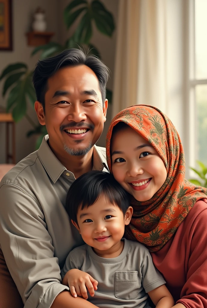 ((best quality)), ((masterpiece)), (detailed), 1girl, off-shoulder sweater, A joyful family portrait featuring a young indonesian muslim, alongside their adorable baby. The father and mother, with wide, exaggerated expressions of surprise and delight, are leaning in close to the camera, showcasing their playful and energetic personalities. The baby, positioned between them, is wearing a miniature kimono with intricate designs and is mimicking the same surprised expression with wide eyes and puffed cheeks. The setting is a cozy, well-lit traditional Japanese room, with soft, warm lighting that enhances the family's joyful and humorous moment. The atmosphere is full of warmth, laughter, and cultural heritage. landscape