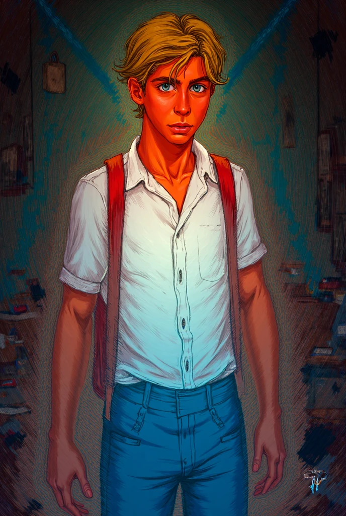 (European: Tintin: 1male,youngclark,black eyes), (extremely detailed CG unit 8k wallpaper),(master part), (best quality), (ultra detail), (best illustration), (cinematic lighting), cowboy shot, (Sharp eyeliner, detailed eyes:1), indoors background, ,break , (reelunsettling), ,short hair , black hair,black t-shirt, dark blue denim jeans