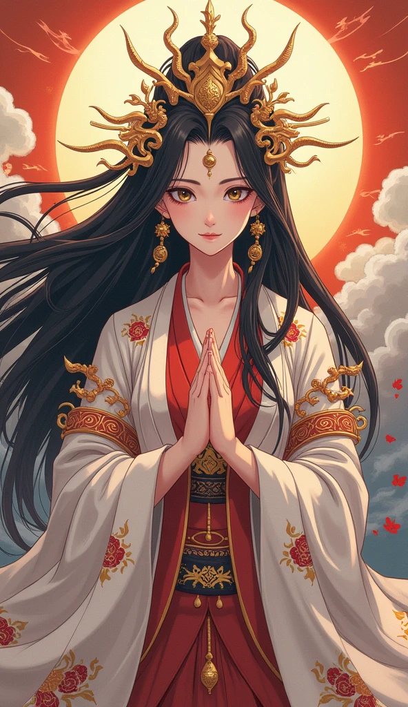  beautiful goddess Amaterasu, whole body, Japan's highest goddess ,  A gentle face,  beautiful dark hair, Takamagahara prayer,  high image quality, masterpiece,  anime style, 