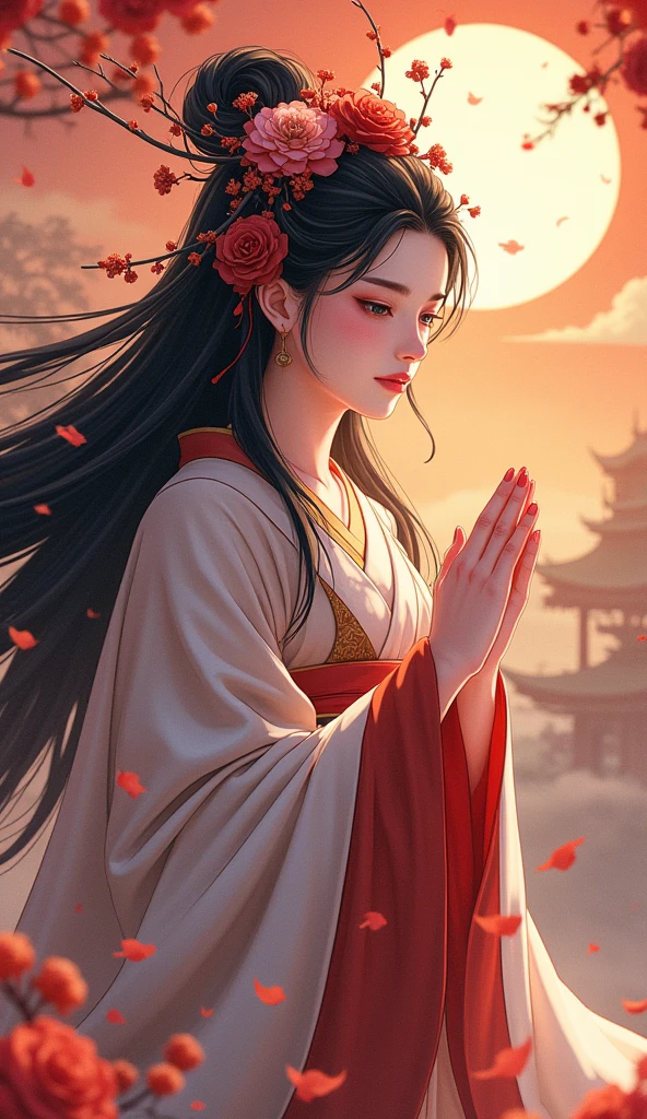  beautiful goddess Amaterasu, whole body, Japan's highest goddess ,  A gentle face,  beautiful dark hair, Takamagahara prayer,  high image quality, masterpiece,  anime style, 