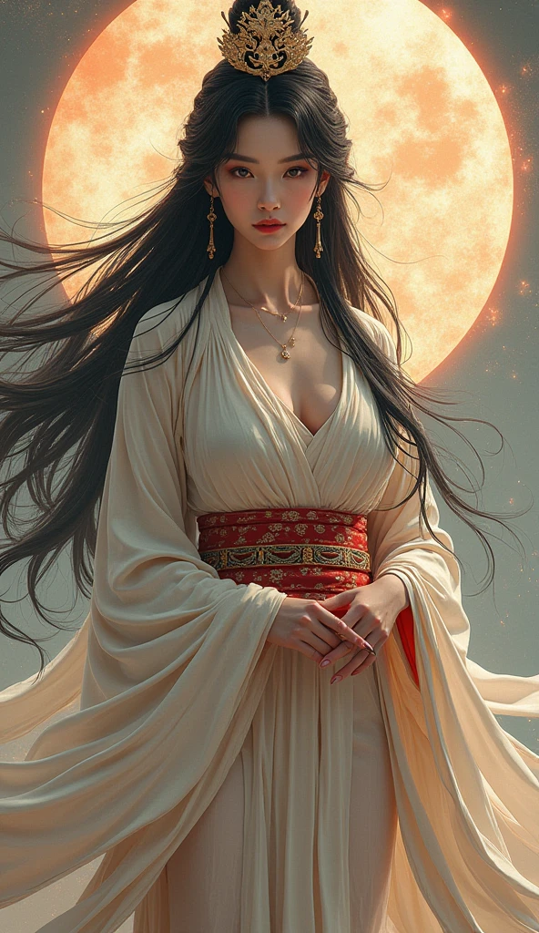  beautiful goddess Amaterasu, whole body, Japan's highest goddess ,  A gentle face,  beautiful dark hair, Takamagahara prayer,  high image quality, masterpiece, 