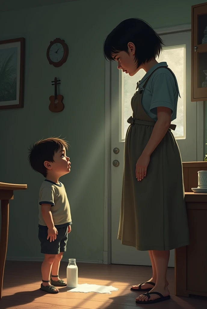 An elementary school student who gets scolded by their mother for bedwetting.