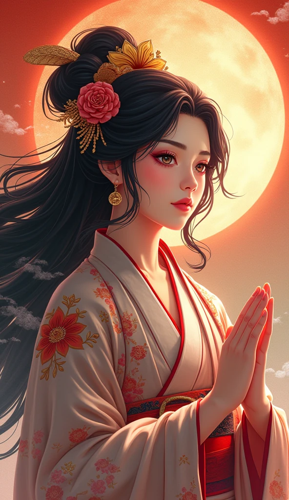  beautiful goddess Amaterasu, whole body, Japan's highest goddess ,  A gentle face,  beautiful dark hair, Takamagahara prayer,  high image quality, masterpiece,  animation art, 