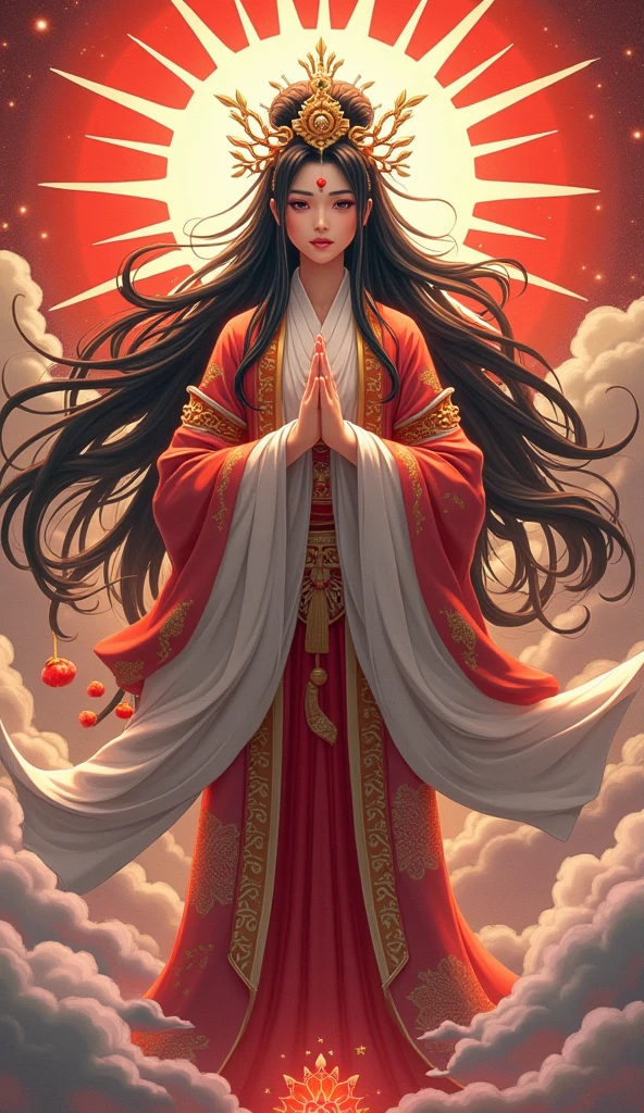  beautiful goddess Amaterasu, whole body, Japan's highest goddess ,  A gentle face,  beautiful dark hair, Takamagahara prayer,  high image quality, masterpiece,  animation art, 