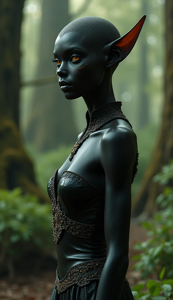 (Angry:1.3) (Happy:1.3) black, (dark skin:1.1) woman black woman, full length, whole body, white (transparent:1.2) dress, (short haircut:1.3), visible knees and feet, bottom view, standing sideways to the camera, dark forest, rain, wet body, raindrops, wet hair, low angle, george miller cinematography, wide-angle, portrait, realistic, cinematic, 8k, highly detailed, highly detailed eyes, shphotography, professional, canon camera, nikon camera, sharp, bokeh, in the forest, studio quality, color grading, by Alphonso Mucha, by Rodrigo Prieto,(by Artist Adolf Kosarek:1.3)