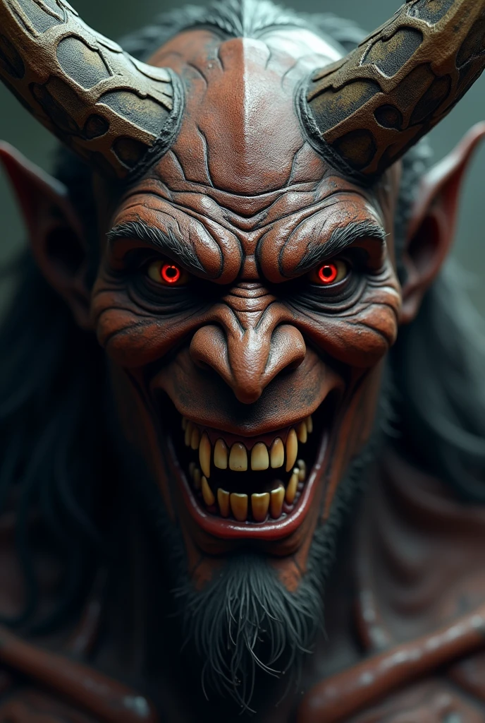 man devil face, red, horns, teeth, laughing, scary face, fire background