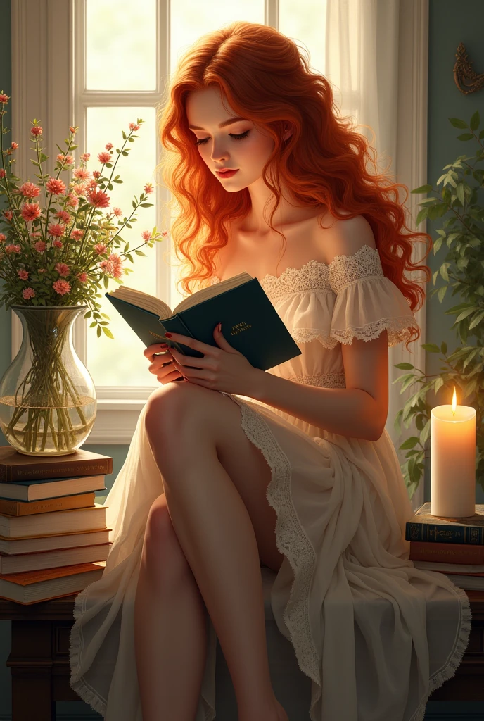 high-quality digital art, wavy long hair, red hair, no bangs, brown eyes, red lips, white skin, red nails, picture-perfect face, flawless, clean, masterpiece, (((sharp))) ((focus)) (instagram) (8k) masterpiece, beautiful outfit, delicate tracing, pink accents, digital painting, inside, fireplace, highly detailed light, cinematic light, high-quality, a digital painting masterpiece, best quality, absurdly high resolution, lying on the couch, cozy, library, purring cat, detailed background, reading a book, magic book, big window, moon, shiny reflection, intricate details, glow, shiny hair, apple red hair, lustrous skin, smooth, one girl