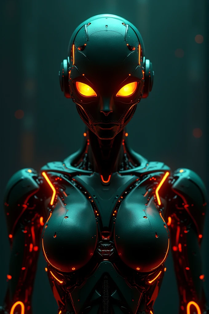 3d rendering, robot, front view, upper-body, neon glow with deep orange and green, gaze, glistening eyes, isolated on a black backdrop, dramatic lighting, deep contrast, low-key, emphasis on texture and contrast, RTX shader, unreal engine 5, complex, hyper realism, many details --chaos 1.3 --ar 9:16 --style raw --stylize 700