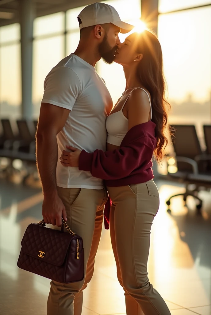 a couple, at a bus terminal, by name Flavio Alfaro, The boy with the girl carried at waist height, giving each other a hug and a kiss, The boy with 7 days beard, Brown eyes, 1.85 meters tall, with a blue t-shirt and black pants, the girl with glasses, Brown eyes, Long hair, dressed in a white long-sleeved shirt and black pants, red nails, 