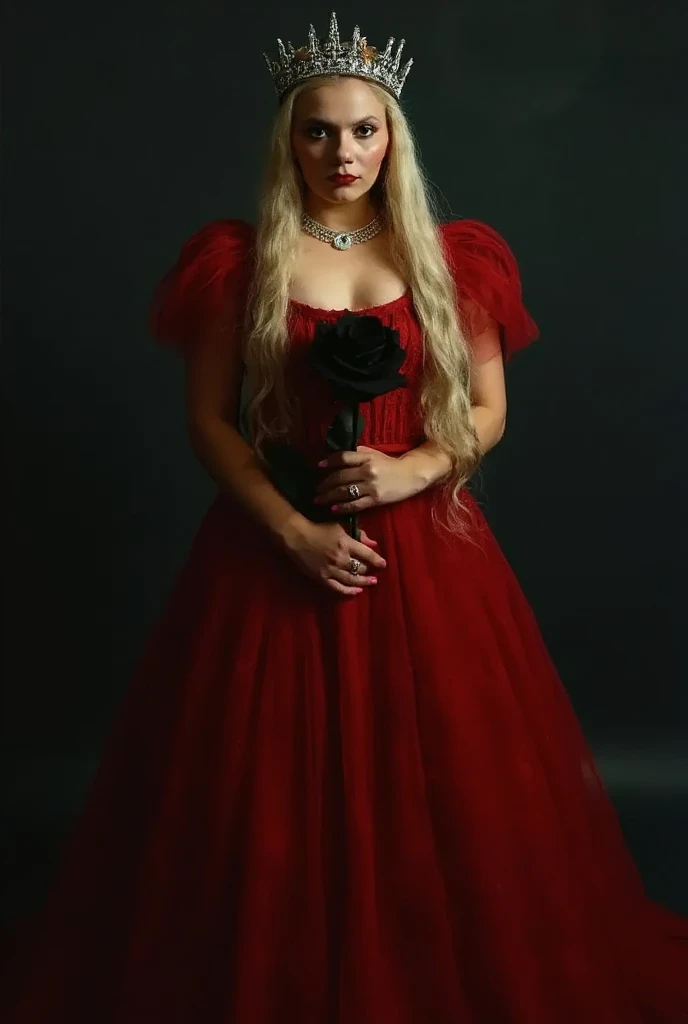 (add_detail:1), hyper-realism, Gothic girl , blonde, black, wearing a queen's crown on her head, with (((long red dress)))), closed face, brave face, holding a black rose in her hand, with dark background, with moonlight illuminating, full body photo, looking at the camera, intimidating look, hyper realistic, ultrarealism, realistic details.